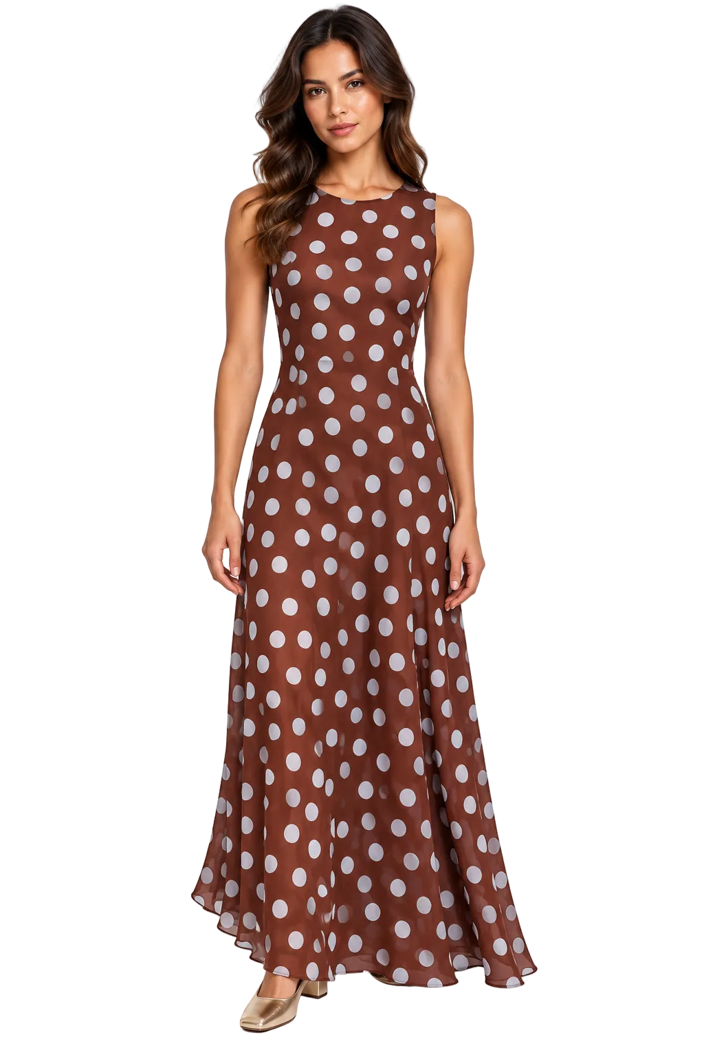 Rust Brown Polka-Dot Maxi Dress with Back Bow