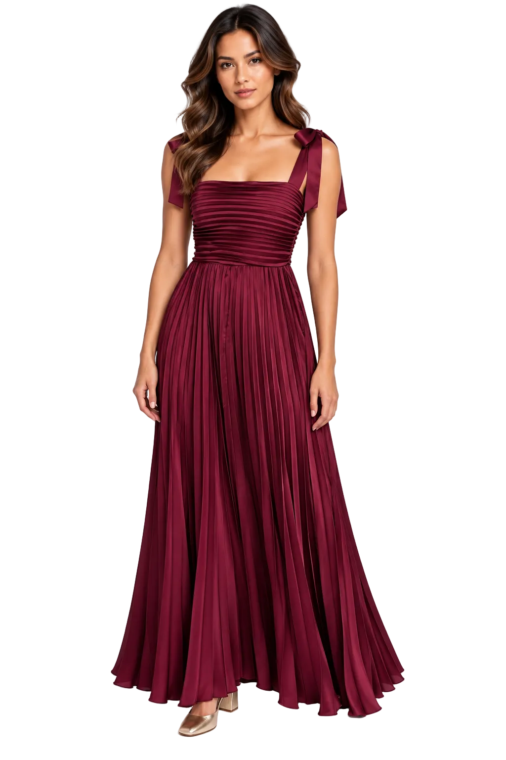 Burgundy Pleated Maxi Dress with Shoulder Ties