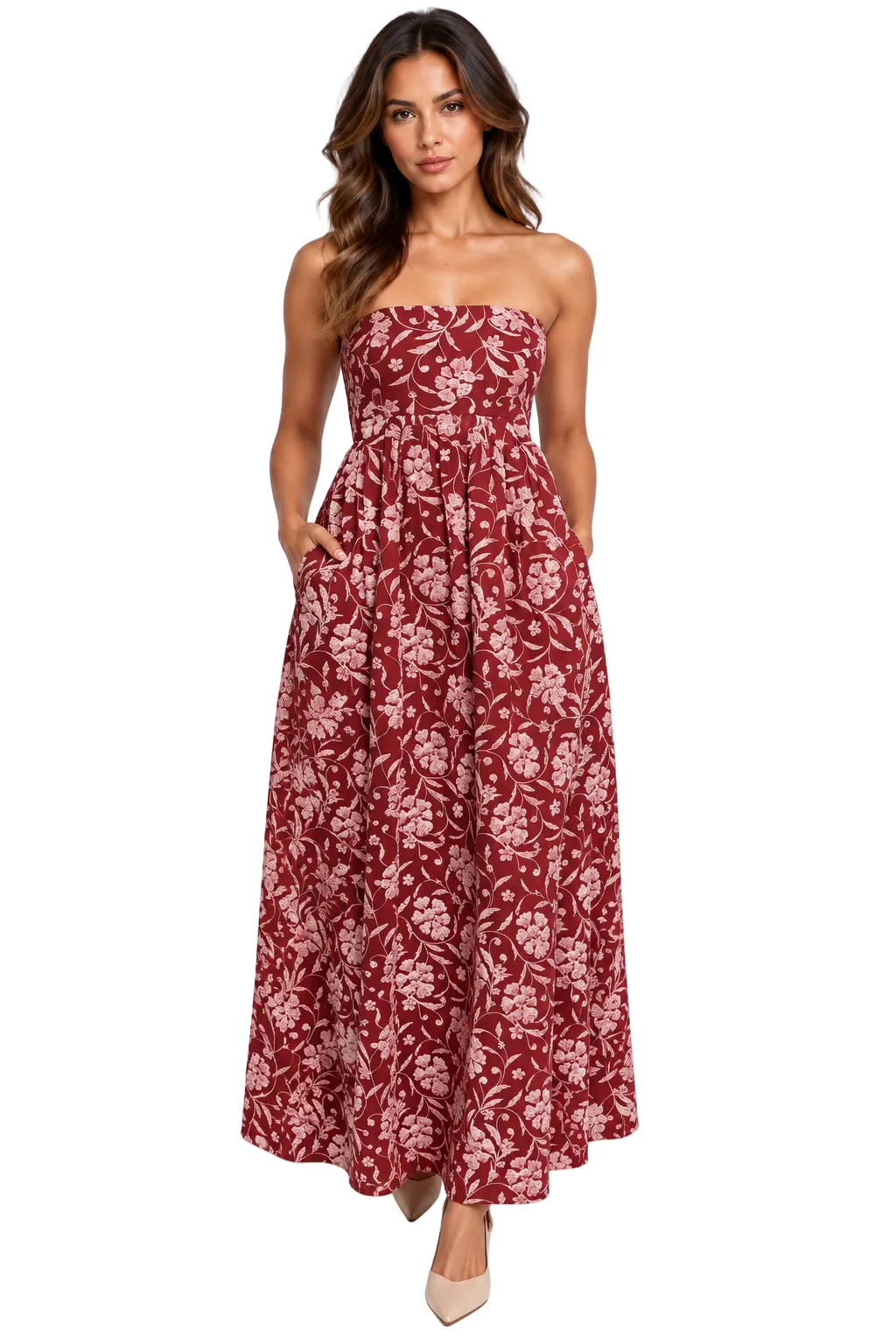 Deep Red Floral Strapless Maxi Dress with Gathered Waist