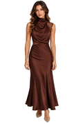 Chocolate Brown Satin Maxi Dress with Lace Shoulder Detail