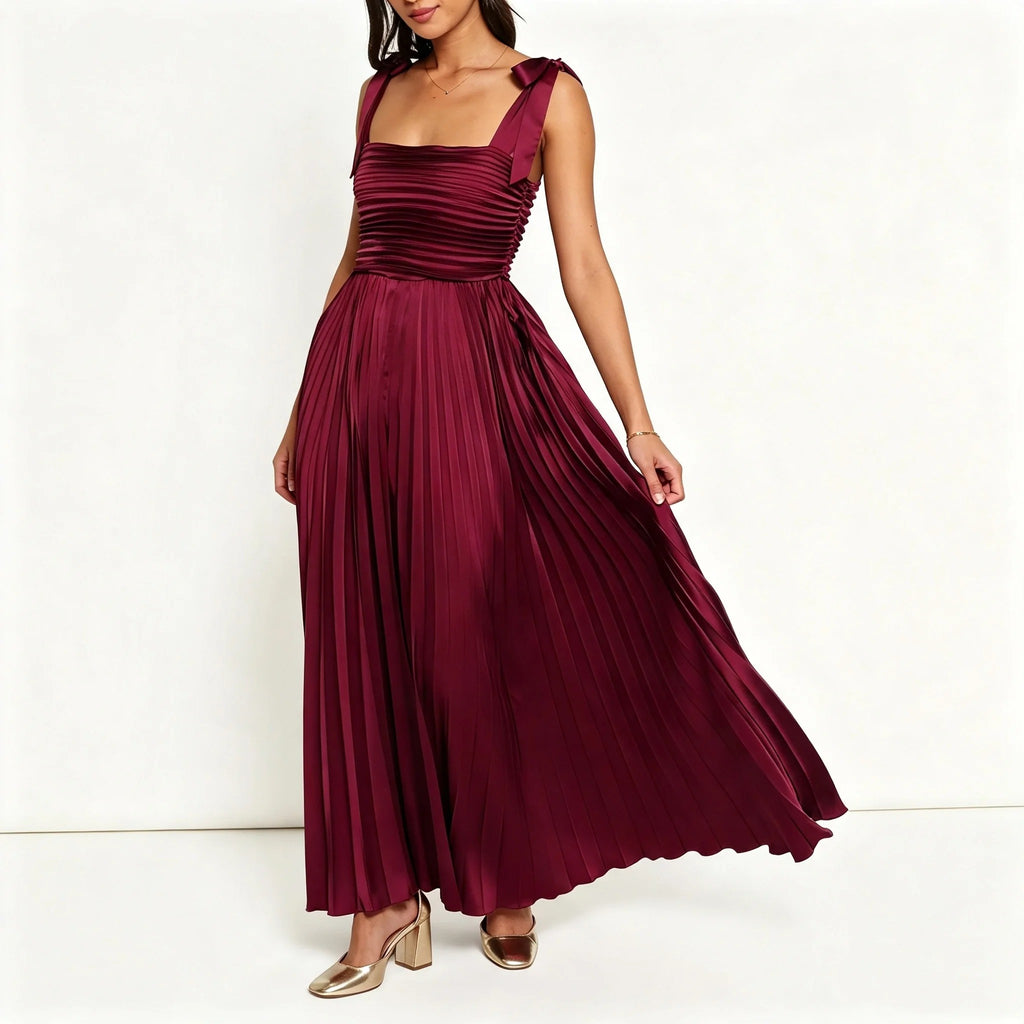 Burgundy Pleated Maxi Dress with Shoulder Ties