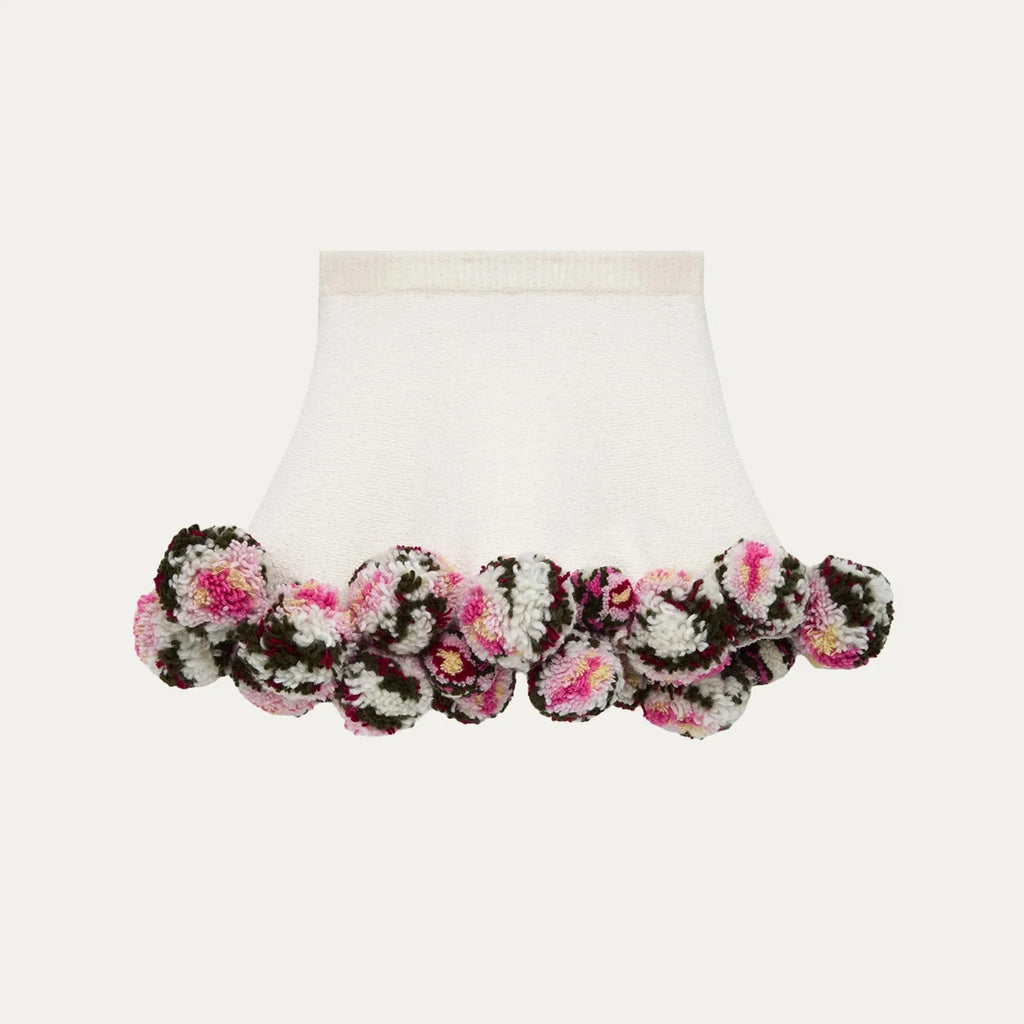 Ivory Textured Mini Skirt with Floral Pom-Pom Hem