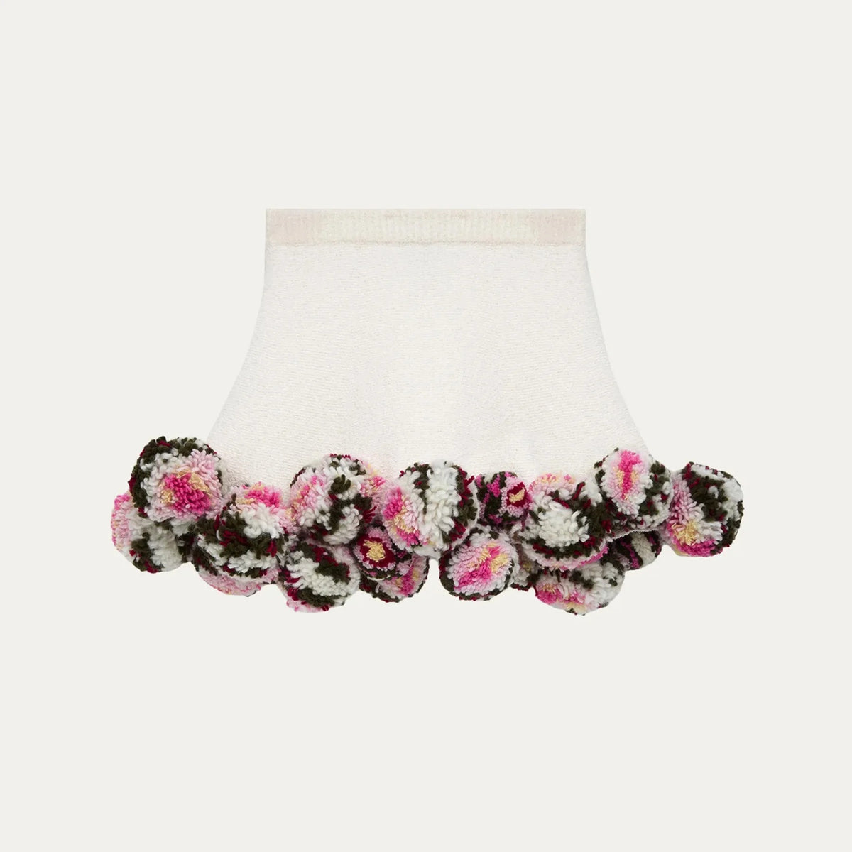 Ivory Textured Mini Skirt with Floral Pom-Pom Hem