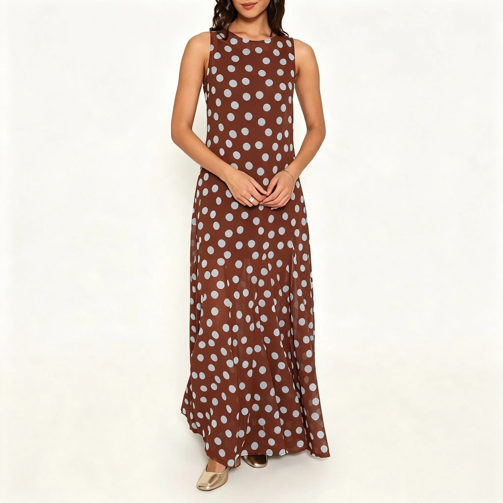 Rust Brown Polka-Dot Maxi Dress with Back Bow