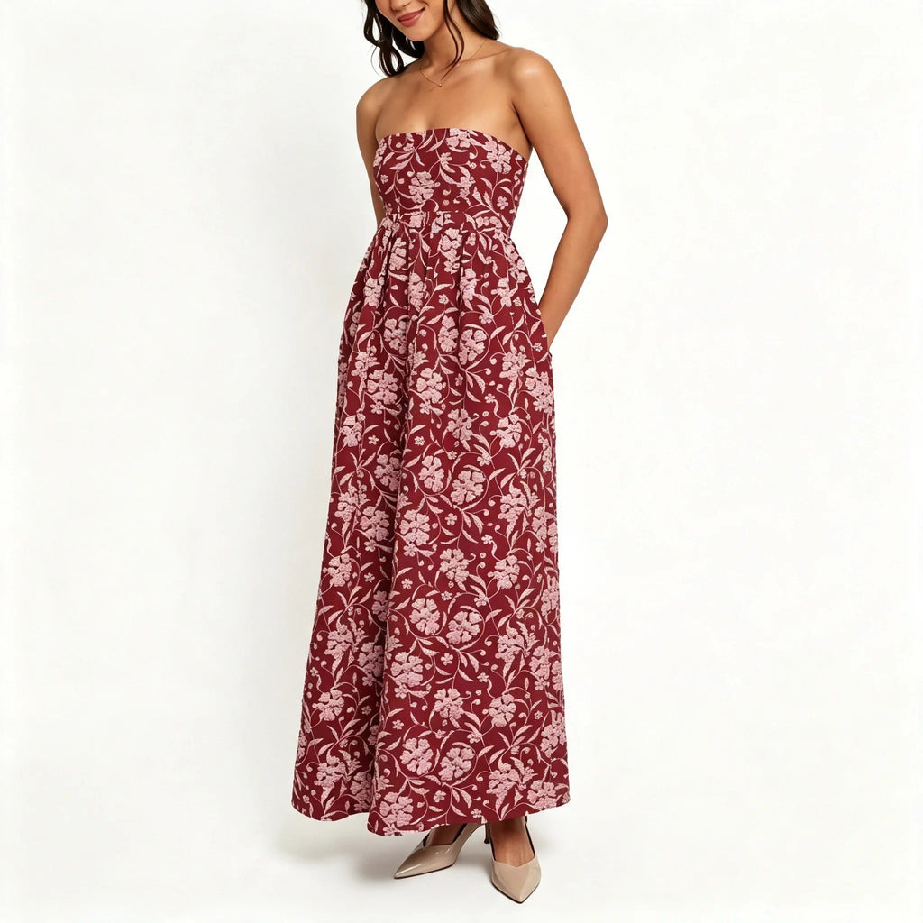 Deep Red Floral Strapless Maxi Dress with Gathered Waist