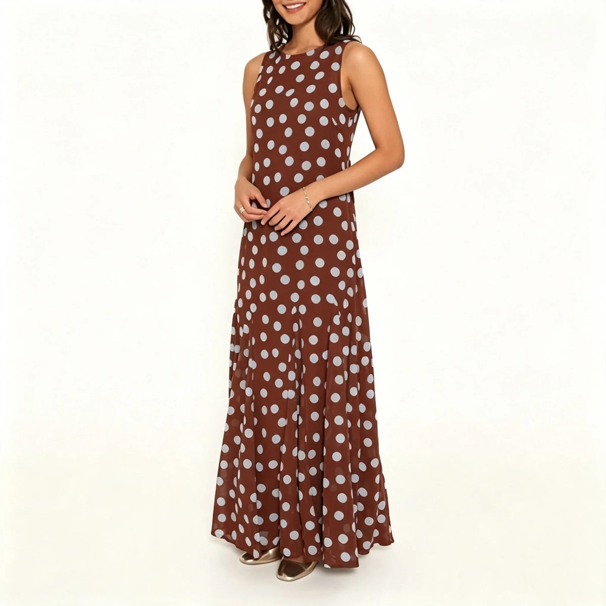 Rust Brown Polka-Dot Maxi Dress with Back Bow