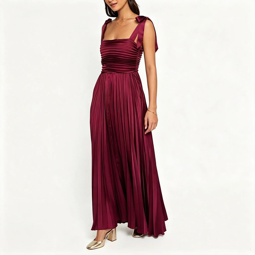 Burgundy Pleated Maxi Dress with Shoulder Ties