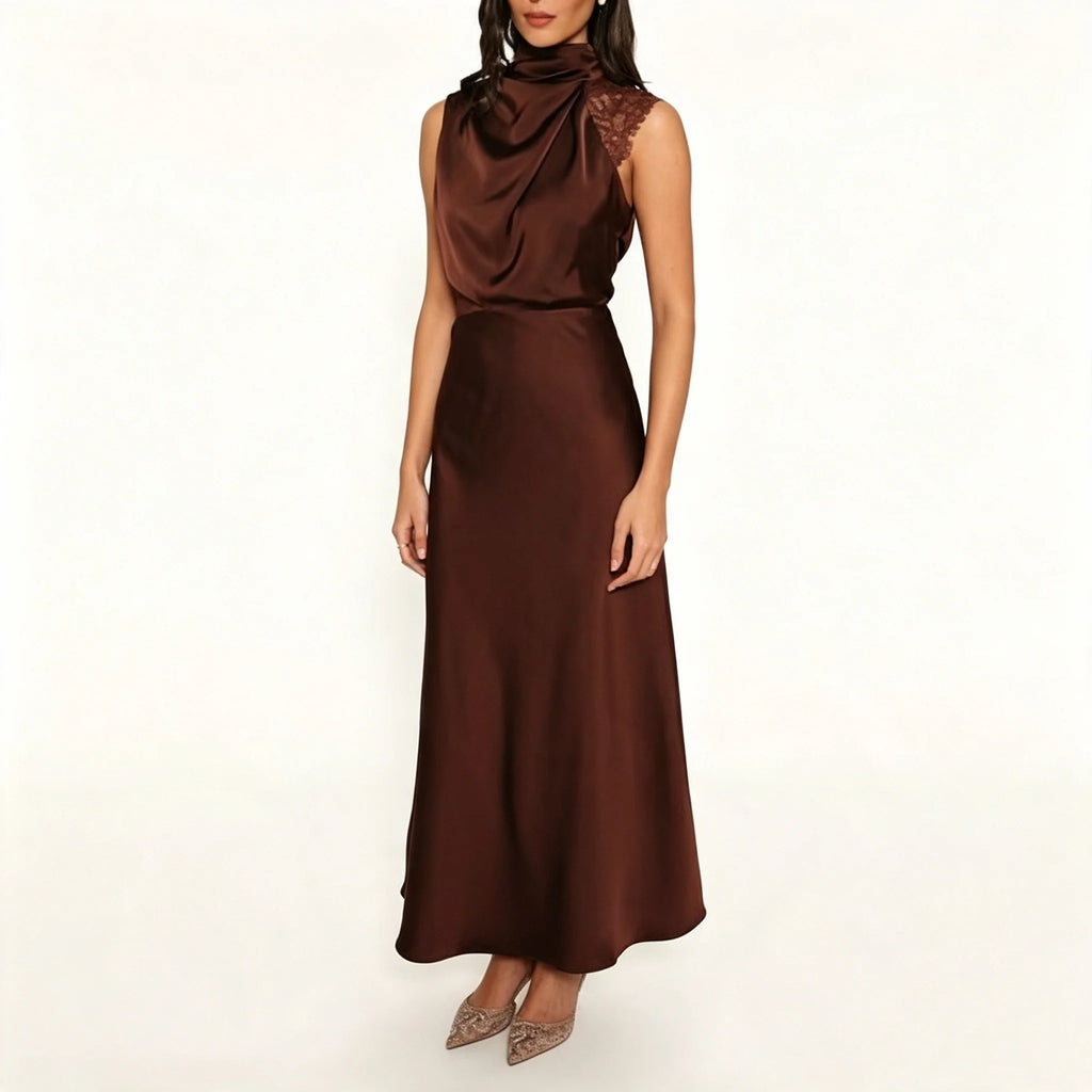 Chocolate Brown Satin Maxi Dress with Lace Shoulder Detail