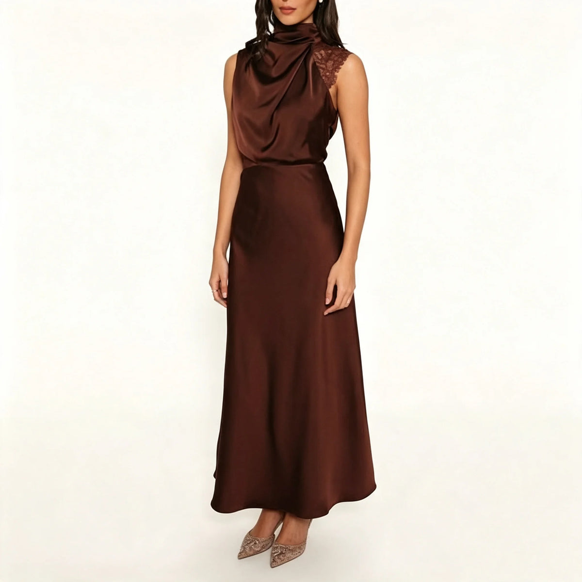 Chocolate Brown Satin Maxi Dress with Lace Shoulder Detail