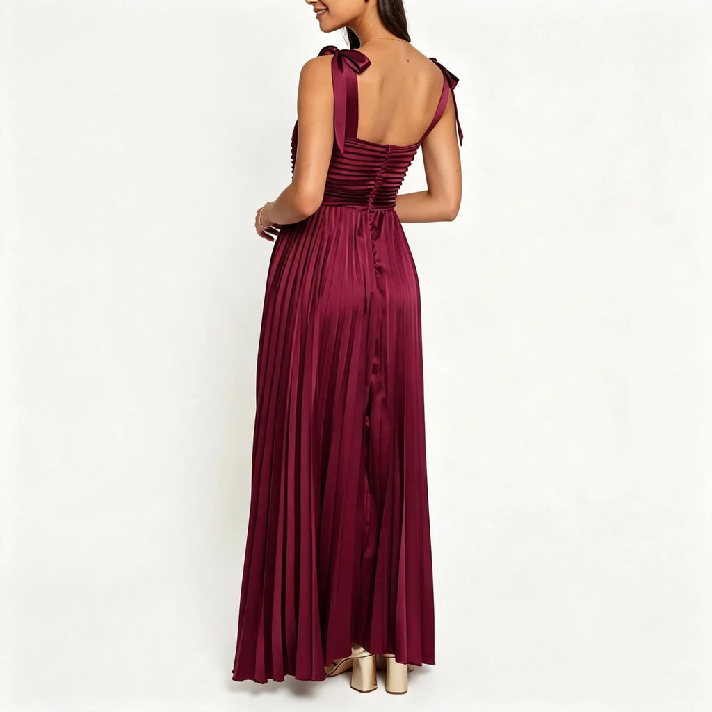 Burgundy Pleated Maxi Dress with Shoulder Ties
