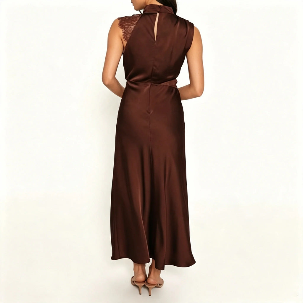 Chocolate Brown Satin Maxi Dress with Lace Shoulder Detail