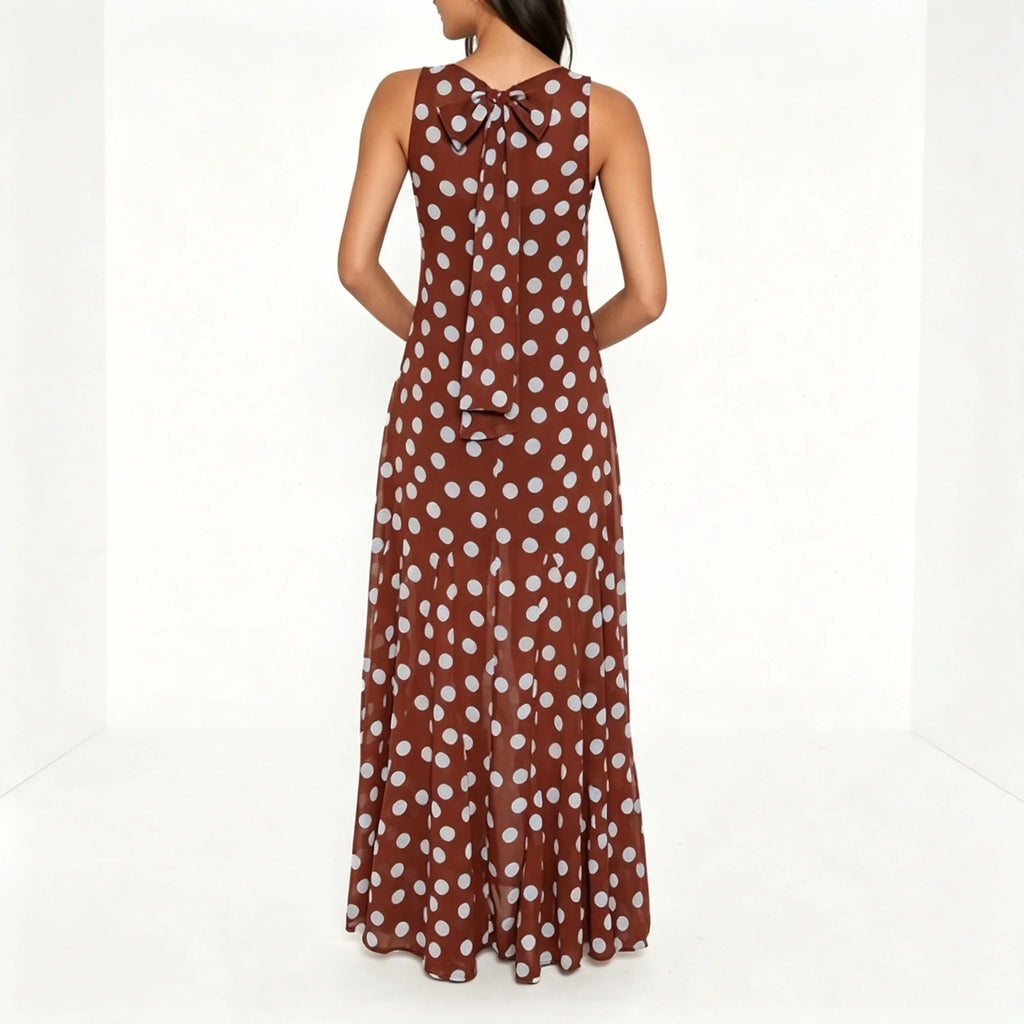 Rust Brown Polka-Dot Maxi Dress with Back Bow
