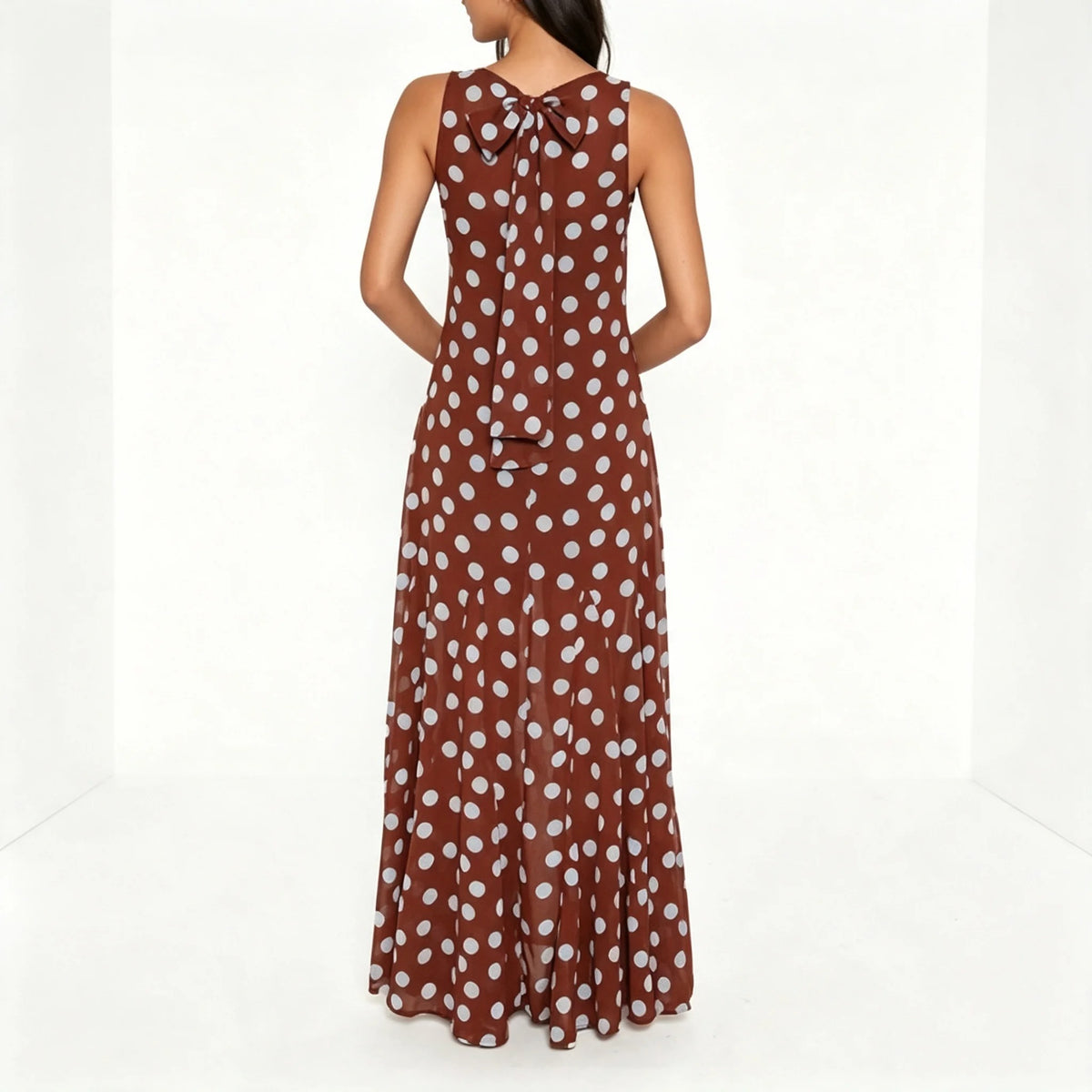 Rust Brown Polka-Dot Maxi Dress with Back Bow