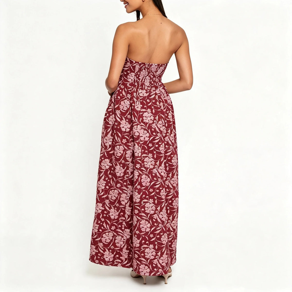 Deep Red Floral Strapless Maxi Dress with Gathered Waist