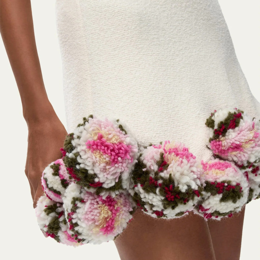 Ivory Textured Mini Skirt with Floral Pom-Pom Hem