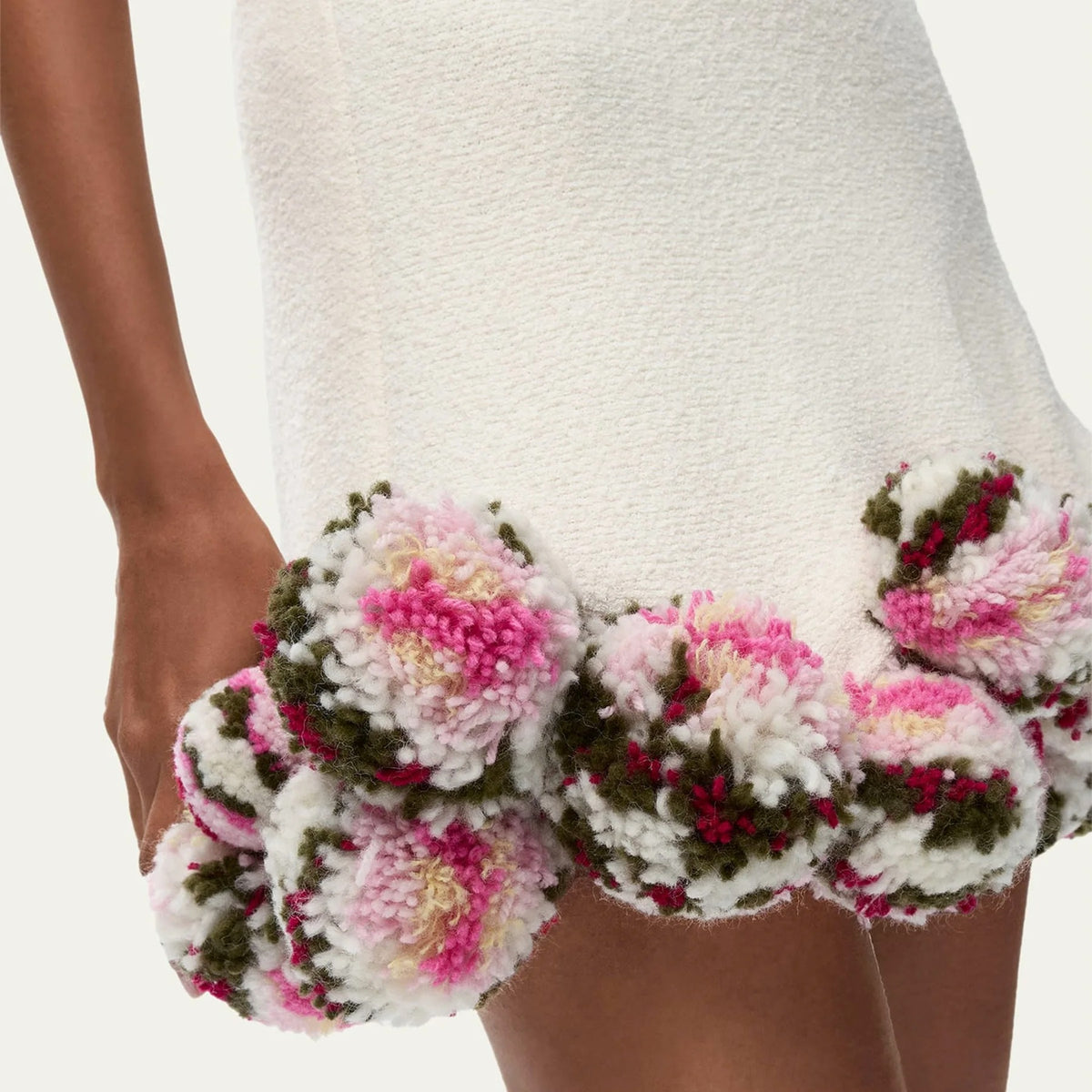 Ivory Textured Mini Skirt with Floral Pom-Pom Hem