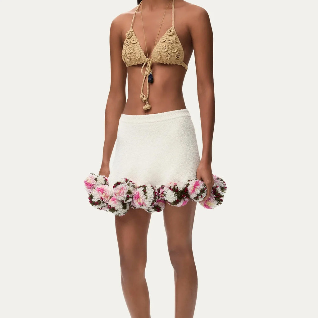 Ivory Textured Mini Skirt with Floral Pom-Pom Hem